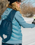Navy Crossbody Puffer Backpack with Silver Heart
