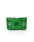 Small zipper pouch green hearts and "Hi" bandana pattern on white background