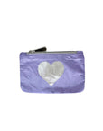 Purple pouch with a silver heart design on a white background