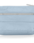 Light blue quilted pouch with a zipper on a white background