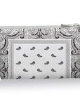 Pouch with black and white paisley pattern on a white background