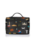 A black zippered cosmetic bag with a top handle, decorated with landmarks from the 7 continents like the eiffel tower, Big Ben, Statue of Liberty, a globe, suitcases, an airplane, and a mountain.