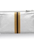 Silver pouch with gold and black stripes on a white background