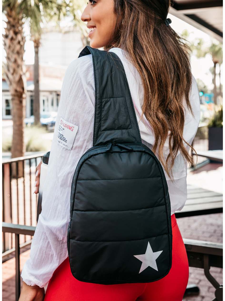 Black Quilted Sling Backpack with White Star Puffer Crossbody Backpack & Water Bottle Holder in Black  main image 2