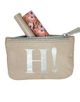 Shimmer beige gift card holder pouch with silver "H!" logo
