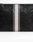Black Signature Jumbo Travel Zip Pouch featuring pewter and silver center stripes in a lightweight, water-resistant design on white background.