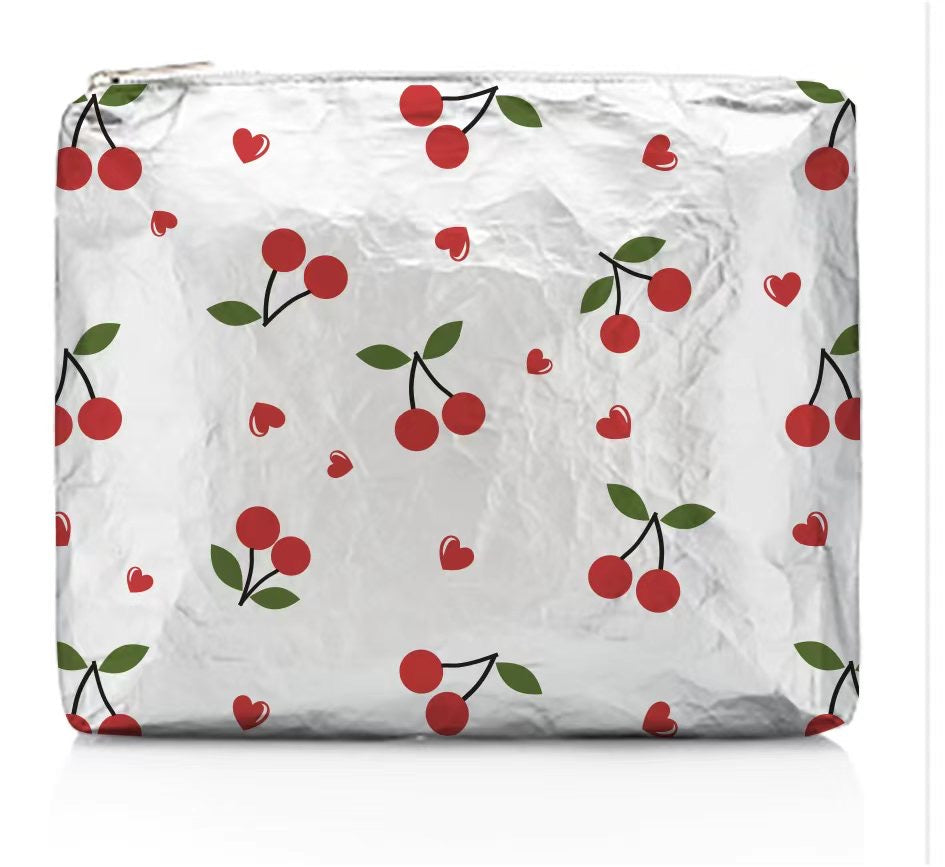Medium Zipper Pouch - Cherries on Metallic Silver Bag – Hi Love