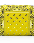 Yellow pouch with black paisley bandana pattern on a white background