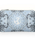 Light blue pouch with black bandana pattern on a white background