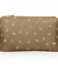 Mini shimmer bronze zipper pouch with metallic gold heart, moon, and star print on white background
