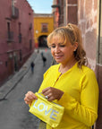 Small zipper pouch in bright yellow with LOVE