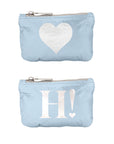 Emergency pouch set in shimmer ice blue color with silver heart and 'H!' logo
