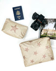 Medium and mini shimmer beige bronze star zipper pouch set