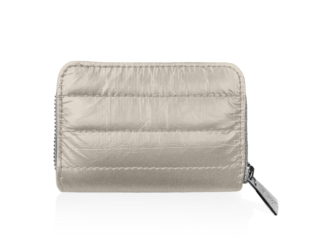 puffer zipper wallet in shimmer beige