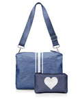 Purse set in shimmer navy with crossbody purse with white stripes and mini pouch with silver heart
