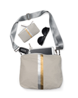 Crossbody purse in earth gray with silver and gold stripes