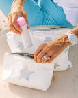 Zipper Pouch Set of Two in Shimmer White with Silver Stars for Beach Essentials