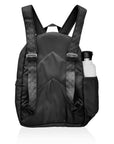 Back view of the black signature backpack showing padded straps and a water bottle in the side pocket.