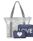 Tote set with silver puffer tote, shimmer navy zipper pouches with love and silver heart
