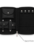 An open black zippered travel jewelry organizer case with multiple interior pockets, shown on a white background with a label pointing to the zipper pocket.