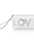 Zip Wristlet in Shimmer White with Silver "LOVE"