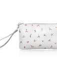 Zip wristlet with namaste yoga pattern on white background