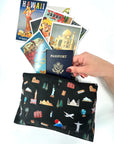 Cosmetic Zipper Pouch in Black with World Landmarks Pattern