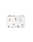 A white zippered pouch featuring a printed pattern of golfers in various poses, set against a plain white background.