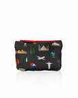 A black card pouch featuring colorful travel-inspired landmarks and illustrations, finished with a red zipper.