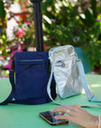 Crossbody cell phone purse in shimmer navy with silver zipper