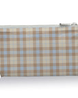 Cosmetic zipper pouch in shimmer light blue and beige plaid