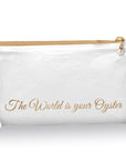 Shimmer white cosmetic pouch with gold 'the world is your oyster' phrase