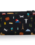 Cosmetic Zipper Pouch in Black with World Landmarks Pattern