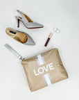 Medium Pouch - Golden Shimmer Beige with White & Silver Stripes & LOVE