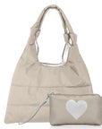 Shimmer beige top handle tote bag and wristlet with silver heart
