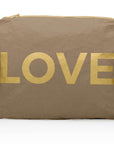 Medium zip pouch in shimmer bronze with gold LOVE on white background
