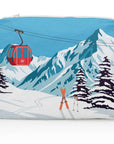 Medium Zipper Pouch Red Gondola with winter mountain print, red gondola, snowy trees, and skis on white background.