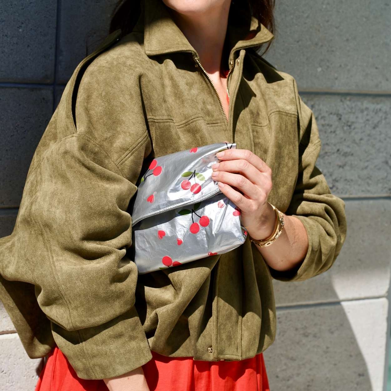 Medium Zipper Pouch - Cherries on Metallic Silver Bag – Hi Love