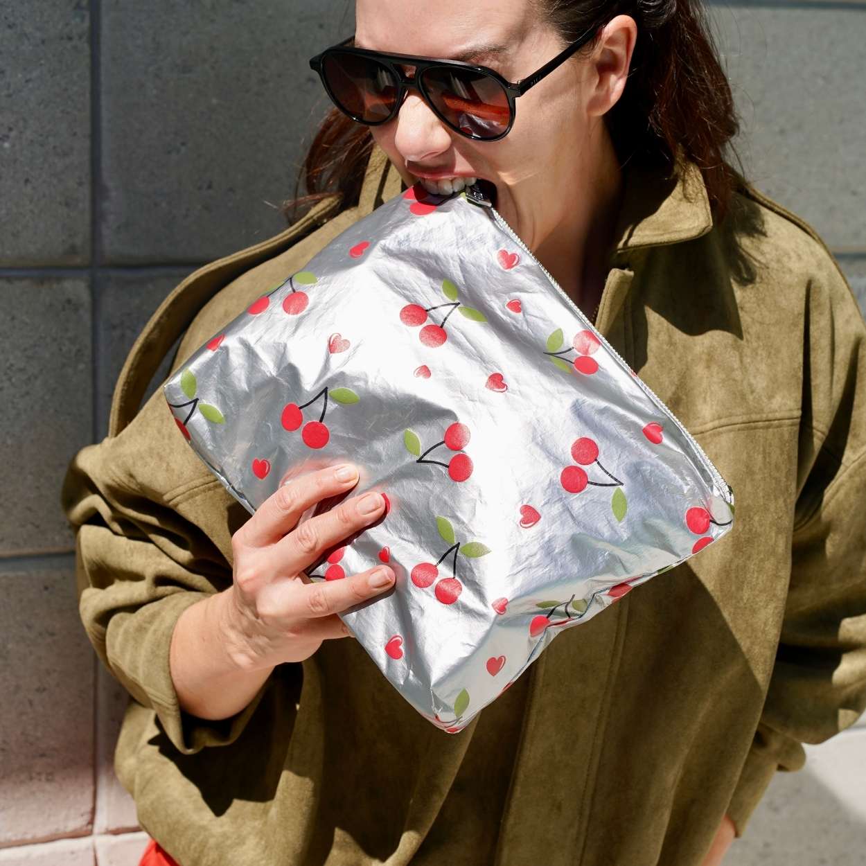 Medium Zipper Pouch - Cherries on Metallic Silver Bag – Hi Love