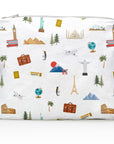 White Medium Zipper Pouch with World Landmarks Pattern