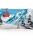 A mini zippered pouch featuring a retro-style ski mountain illustration with a red gondola, snowy peaks, evergreen trees, and skis, shown on a white background.