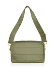 Mini puffer purse in shimmer olive green with gold zipper and green purse strap
