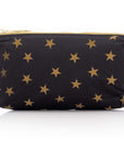 Black mini zipper pouch with myriad of gold stars on white background