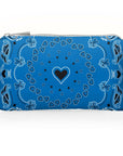 Mini zipper pouch in blue bandana print on white background