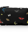 Black pouch with colorful butterfly pattern on a white background