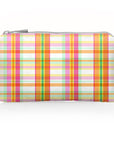 Mini zipper pouch with pink, yellow, orange, and green plaid design