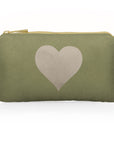 Mini zipper pouch shimmer olive green with gold zipper and golden beige heart