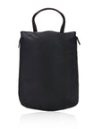 Black wine tote with top handle and two side zipper pockets