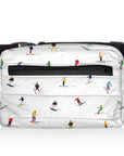 Puffer crossbody fanny pack belt bag in dancing skiers on white background