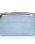 Shimmer ice blue puffer crossbody fanny pack belt bag with gray strap on white background